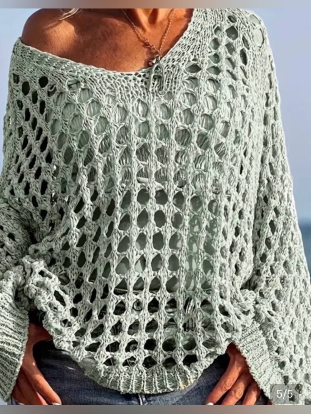 Mint Green Open Knit Crochet sweater or Beach Coverup. Size Medium-Loose Fit